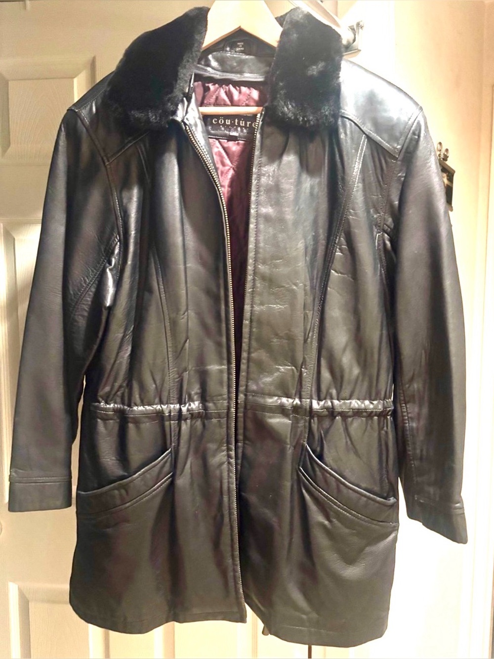 Couture Black Leather Coat with Fur Collar